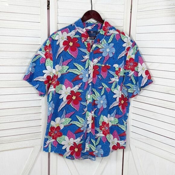 Vineyard Vines Tropical Print Button Front Slim Fit Murray Shirt Blue XL - Picture 1 of 11